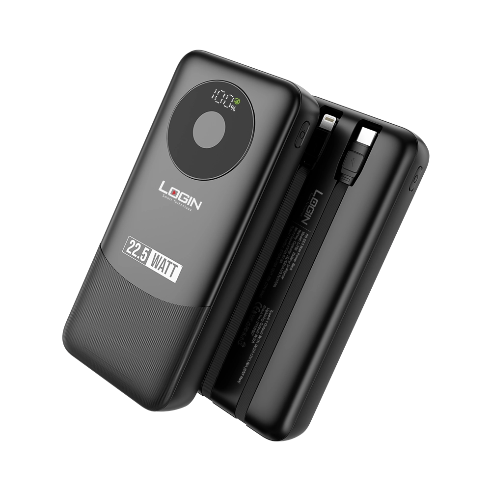 LOGIN Voltra Pro L-708 20,000mAh Power Bank – 22.5W Fast Charging, Built-In PD & Lightning Cables & Digital Display