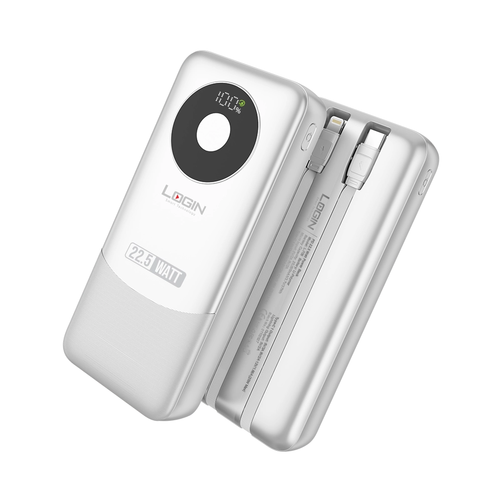 LOGIN Voltra Pro L-708 20,000mAh Power Bank – 22.5W Fast Charging, Built-In PD & Lightning Cables & Digital Display