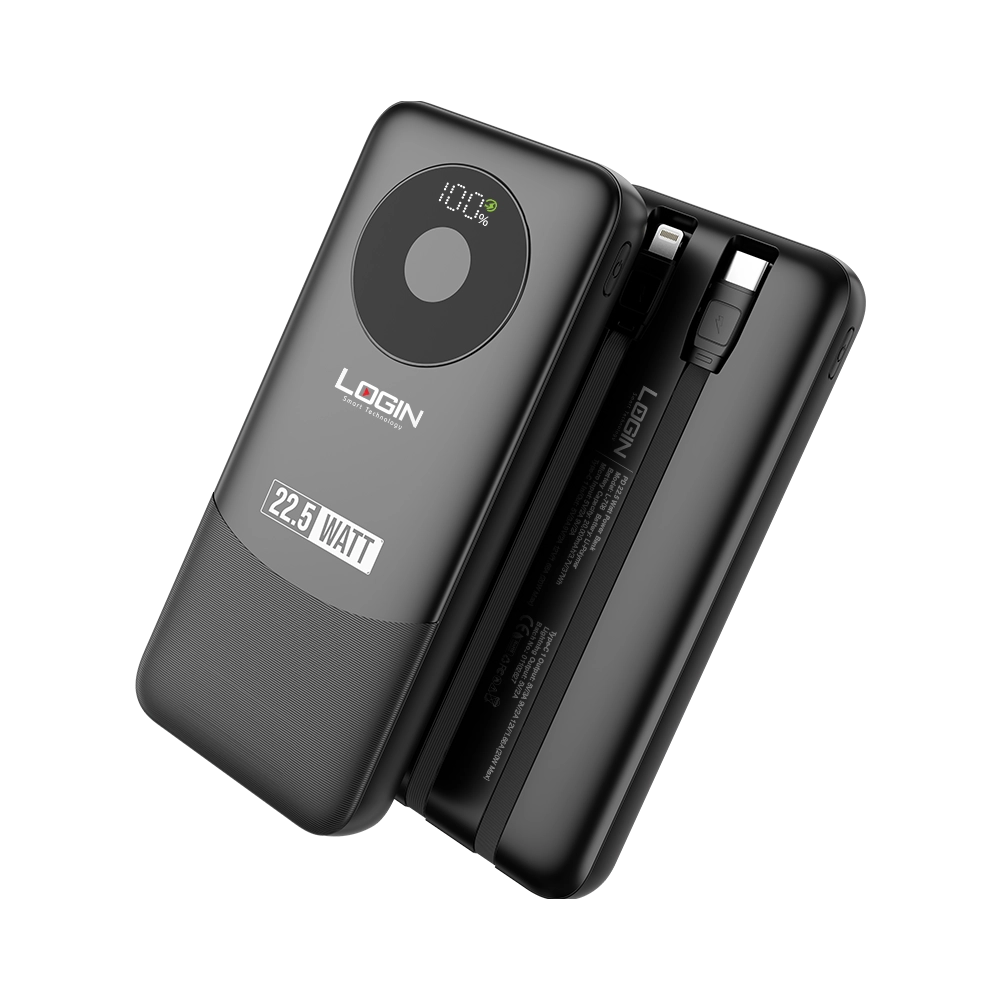 LOGIN Voltra L-709 10,000mAh Power Bank – 22.5W Fast Charging, LED Digital Display & Built-In Cables